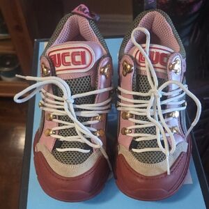 Gucci Pink and Brown Lace-Up Sneakers With Original Box.
